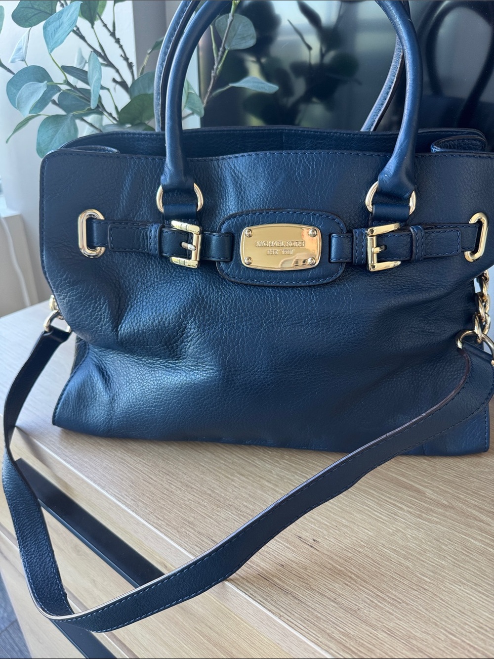 Michael Kors Navy Leather Handbag with Gold Hardware